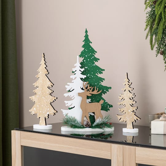 Glitzhome® Set of 3 Wooden Christmas Reindeer & Tree Table Decor